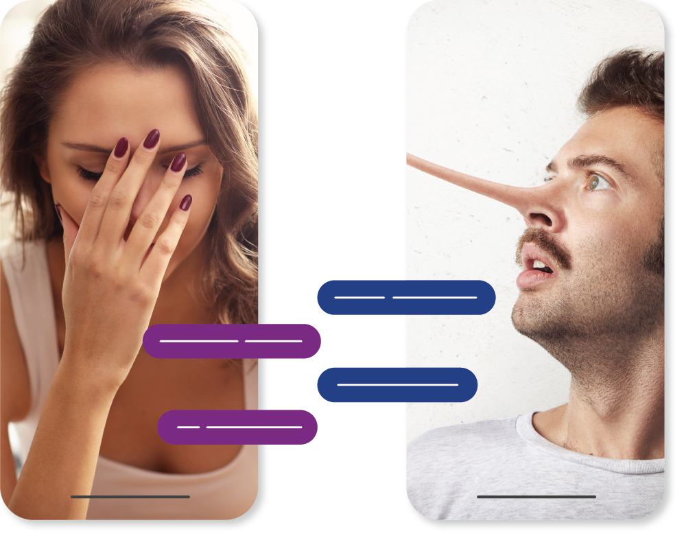 Woman holding her head and man with long nose on mobile screens with chat bubbles in front of them.