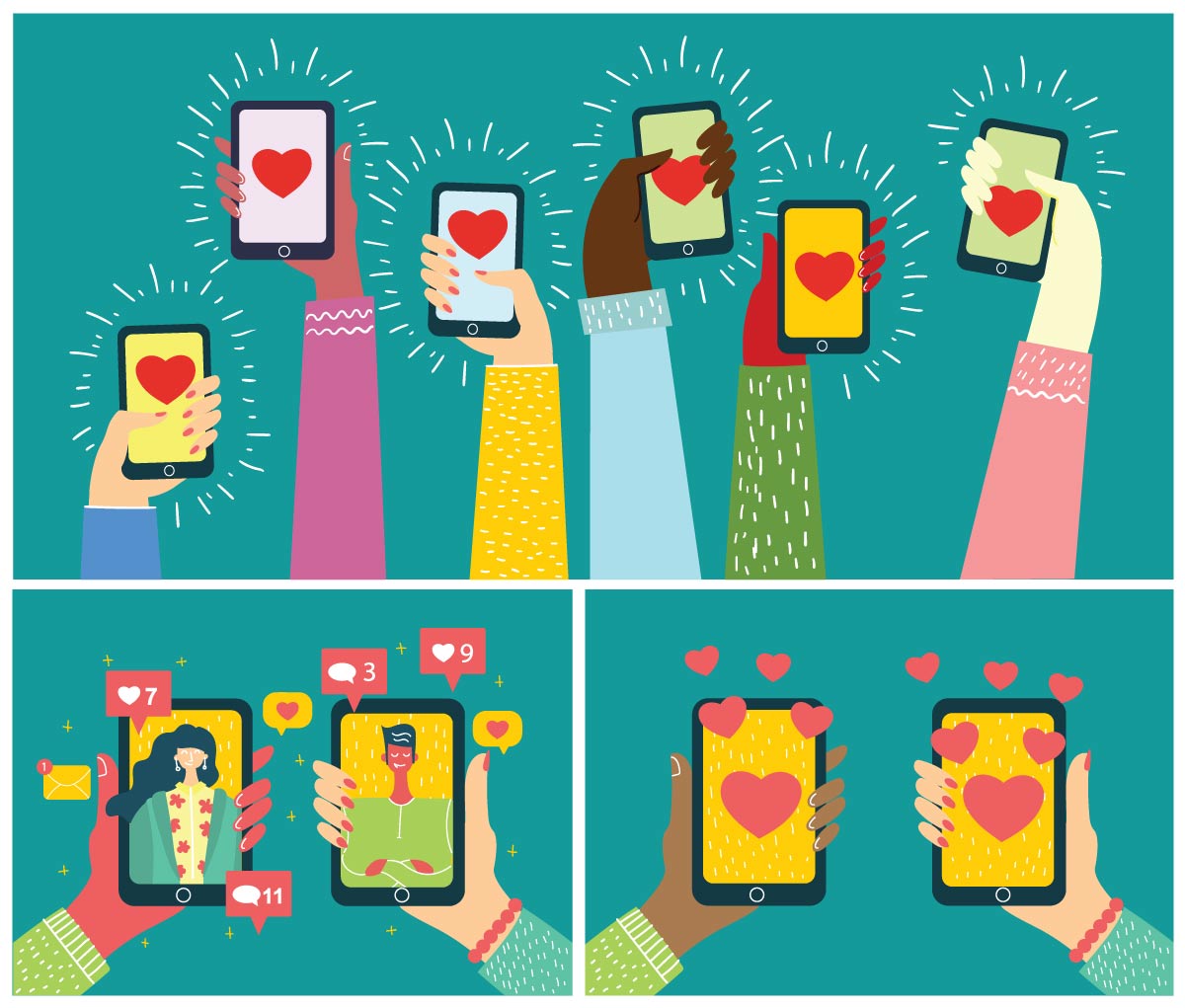 People holding their mobile phones, with hearts on the screens. Some phones have notifications and also “heart shaped” icons
