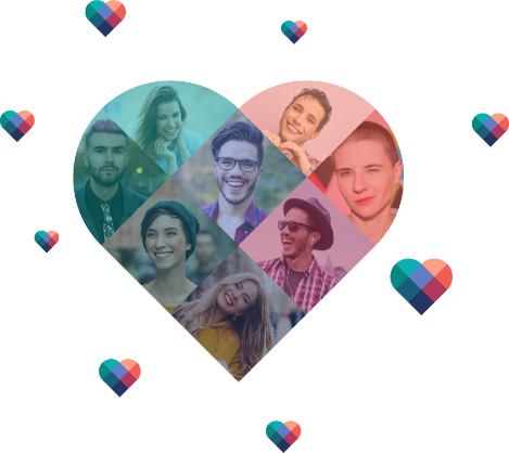 A heart-shaped eharmony icon which is made up of pictures of different people surrounded by smaller eharmony heart-shaped icons