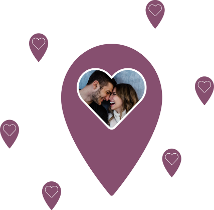 A purple map pointer with a heart icon in it showing a couple laughing, surrounded by smaller map pointers with heart icons inside them
