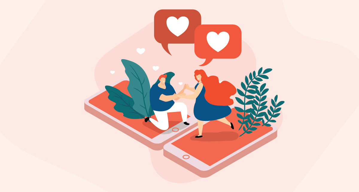Man and woman on top of mobile phones, holding hands, with heart chat bubbles above them