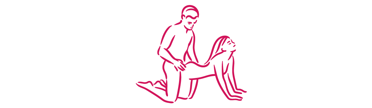 Pink outline of a naked couple depicting the Doggy-Style sex position.