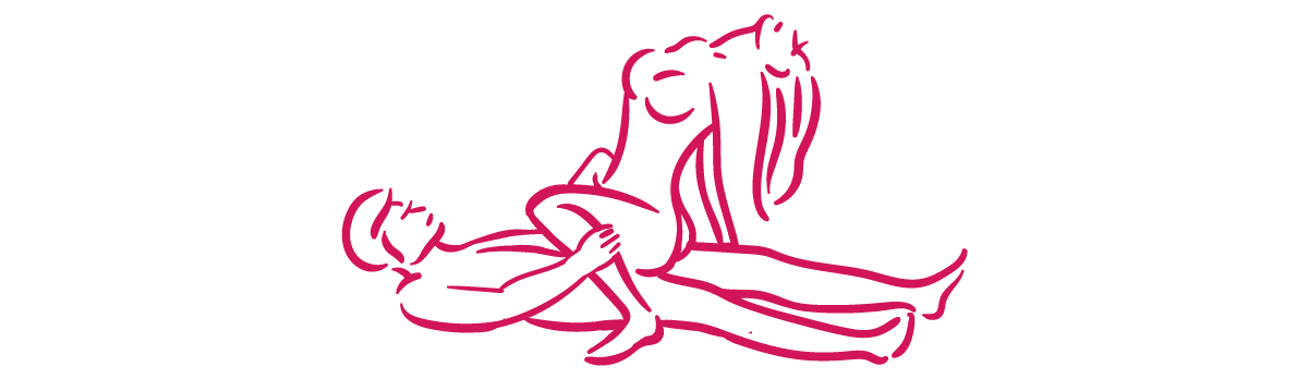 Pink outline of a naked couple depicting the Cowgirl sex position.
