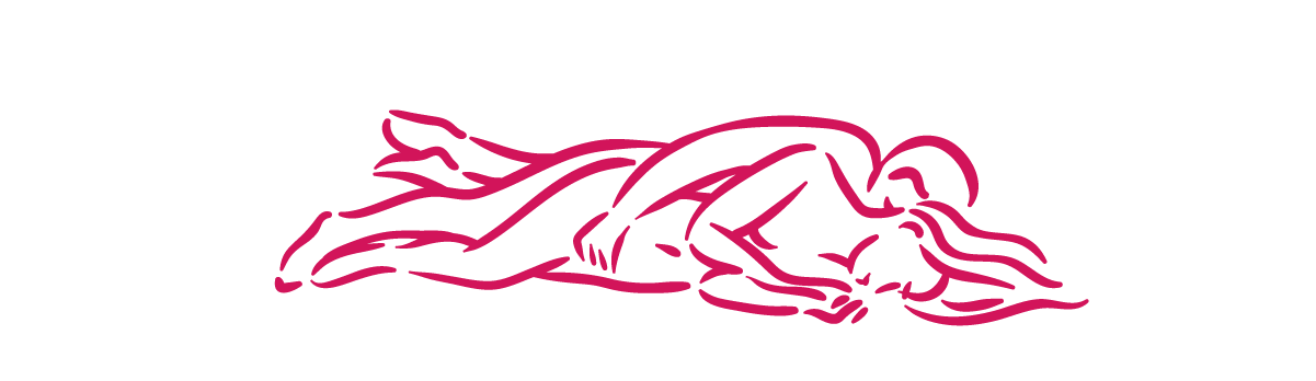 Pink outline of a naked couple depicting the Spooning sex position.