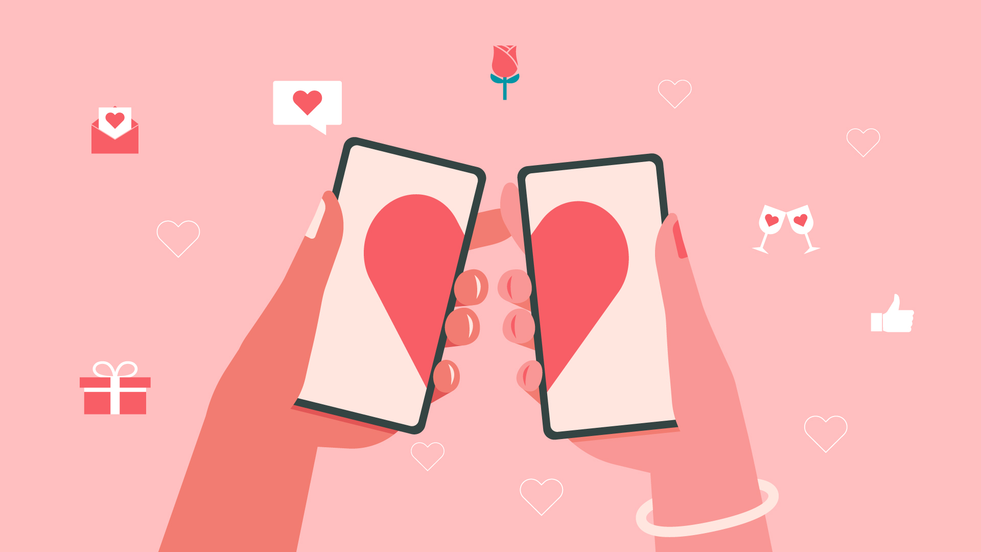Cartoon hands of a man and a woman both holding their phones close to each other. Their screens have half a love heart each.