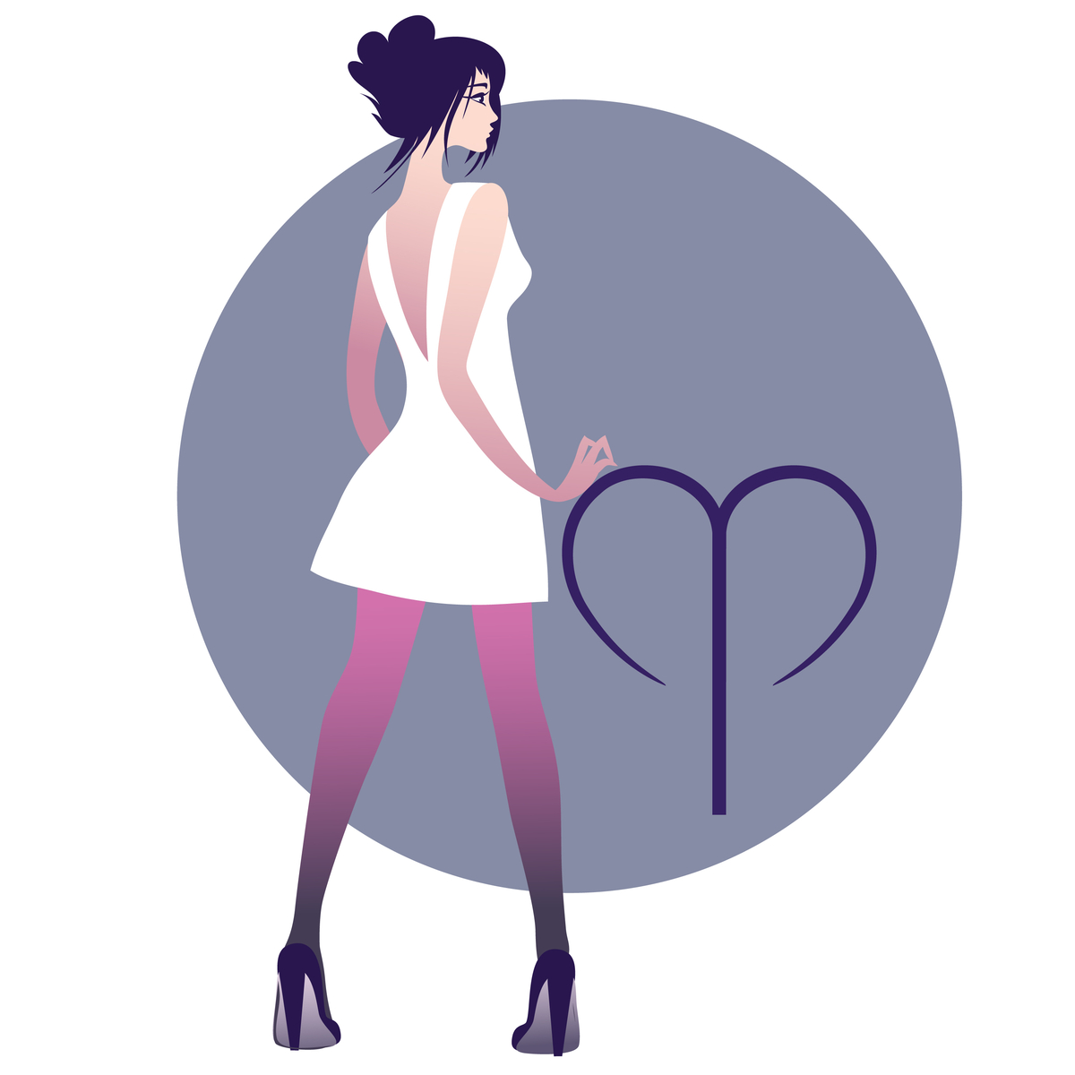 Woman with white dress and purple stockings standing with her back turned with the Aries Zodiac Sign next to her.